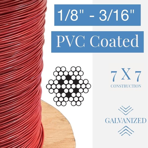 1/8 To 3/16 PVC Coated RED Color Galvanized Cable 7x7 Strand Aircraft Cable Wire Rope, 50 Ft
